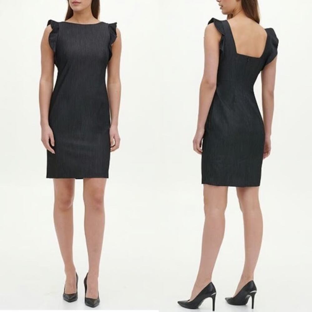 Calvin Klein Womens Ruffle Flutter Sleeve Sheath Dress Plus Size 16W Gray Career